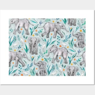 Baby Elephants and Egrets in Watercolor - egg shell blue Posters and Art